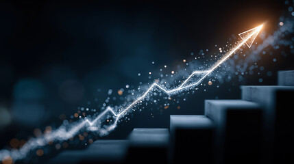 Ascending Path of Progress: A luminous arrow gracefully climbs a staircase, symbolizing relentless growth, evolution, and advancement within the dynamic domain of business, echoing aspirations.