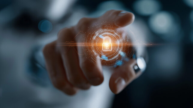 Digital Safety Touch: A person's hand reaches out to interact with a digital padlock, symbolizing secure access and online safety in the digital age. Capturing technological interaction.