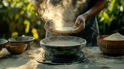 Hands Sprinkling Flour into Bowl