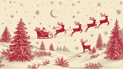 Santa's Festive Flight: A whimsical illustration captures a festive scene of Santa Claus soaring through a snowy landscape on Christmas Eve. The jolly figure pilots a reindeer-pulled sleigh.