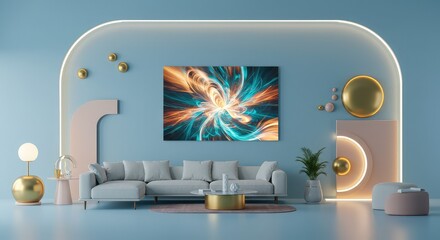 Modern living room interior design with abstract art and stylish decor creating a calming atmosphere for contemporary living, ideal for home design inspiration