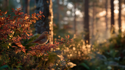 Autumn Song: A solitary bird perched gracefully on a branch, its silhouette etched against the sun-dappled foliage. The autumn scene breathes a sense of tranquility.
