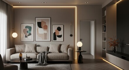 Experience serene living in this stylish modern apartment with elegant decor and soft lighting, perfect for showcasing contemporary interior design trends