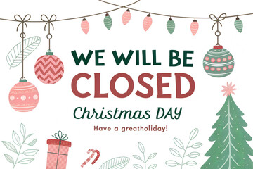 Christmas Day Closure Banner,Holiday Closed Notice,Red Christmas Hours Sign,Festive Closure Announcement,Christmas Business Closed Graphic