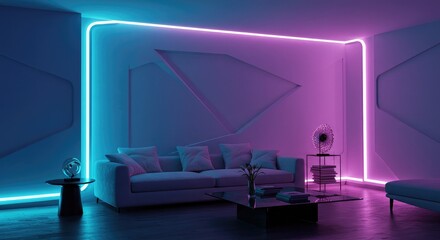 Stylish modern living room bathed in vibrant neon lights offers a contemporary and futuristic aesthetic for cutting edge home design inspiration and trendy apartment decor