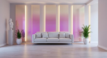 Modern living room interior design showcasing vibrant wall art and stylish white sofa creating a relaxing and inviting atmosphere with indoor plants