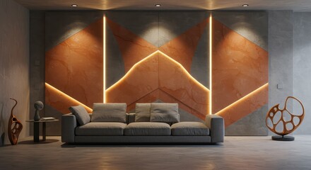 Sophisticated living room with stylish orange accent wall and soft lighting, perfect for modern interior design and luxury home decor inspiration