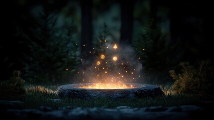 A mysterious glowing fire pit in a forest at night.
