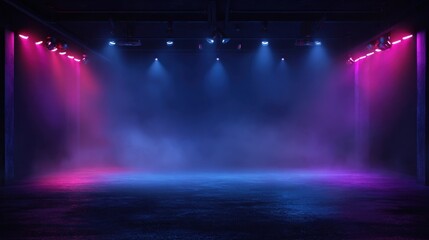 In a dimly lit venue vibrant pink and blue lights illuminate a misty stage. The scene sets the stage for an exciting performance or event creating a lively atmosphere.