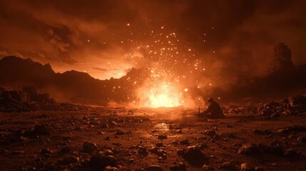 A lone figure sits on a rocky surface, gazing up at a large explosion in the distance.