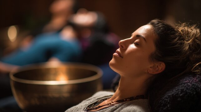 Participants engage in a meditation session lying calmly in a tranquil environment. Soft lighting creates a cozy atmosphere promoting relaxation and mindfulness.