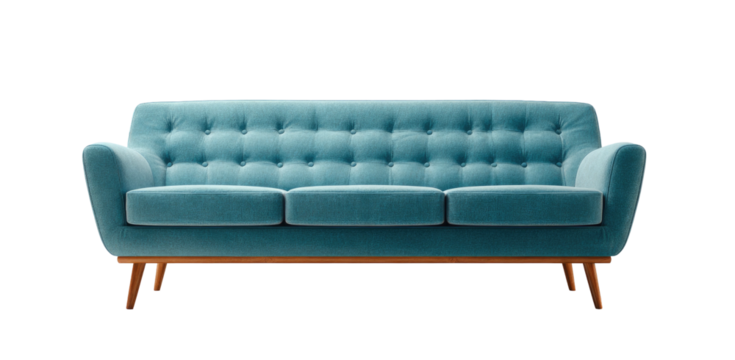 A teal button-tufted sofa with a wooden frame and legs