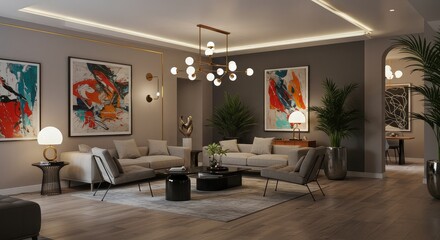 Stylish living room interior design with modern furniture and art, creating a warm and inviting atmosphere for comfortable living and entertaining guests