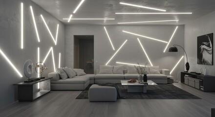 Stunning modern living room with unique neon lighting design creating a vibrant and elegant atmosphere for relaxing or entertaining guests in style