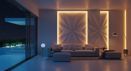 Experience modern elegance and calm with this inviting living room at night, showcasing sophisticated design and ambient lighting for peaceful relaxation