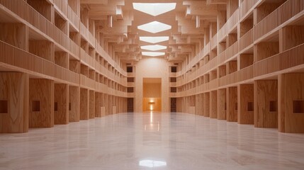 A long hallway with wooden walls and floors, featuring a central atrium with a light source.