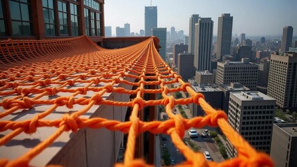 Stunning 4K view of a vibrant orange safety net guarding a high-rise construction site, city skyline blurred below, symbolizing safety and progress