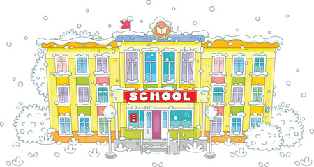 School building surrounded by snow-covered trees and bushes in a snowy winter, vector cartoon illustration on a white background