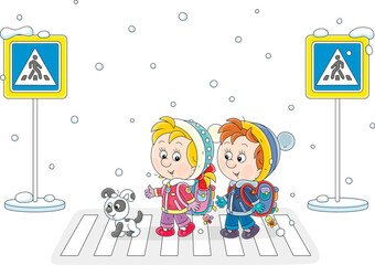 Cheerful little schoolboy and schoolgirl with backpacks and small puppy going to their school on a zebra crossing on a snowy winter day, vector cartoon illustration isolated on a white background