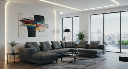 Modern living room interior with stylish gray sofa, abstract art, and stunning city views creating a luxurious and inviting atmosphere in a contemporary home