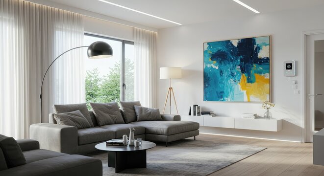 Sophisticated living room interior with modern furniture and abstract art for luxury lifestyle brands and home decor inspiration, promoting serene modern living