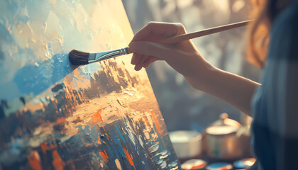 Close-Up of Hands Painting on Canvas for Creative and Leisure Activities	