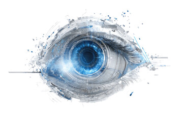 Futuristic digital eye with glowing blue iris, glitching effects