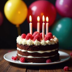 Decadent chocolate layer cake, fluffy frosting, burning candles, vibrant balloons, sweetness, colorful balloons, yummy