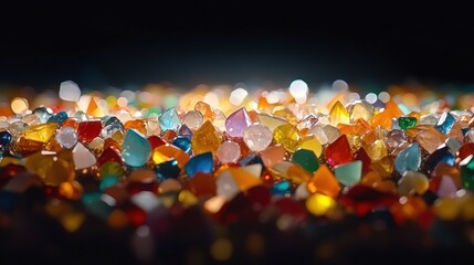 A close-up view of a pile of multicolored gemstones, with a blurred background emphasizing the vibrant colors and sparkle.