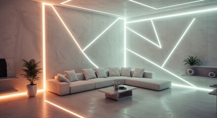 Sophisticated living room design with unique neon lighting accents and comfortable sectional sofa perfect for upscale home decor and modern interior inspiration