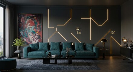 Sophisticated living room with modern lighting and abstract art creates an inviting atmosphere for relaxing and entertaining friends in style today