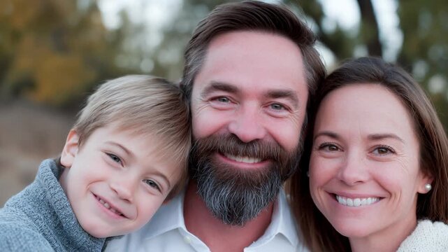 Enjoy a heartwarming series of family moments shared outdoors among beautiful nature. A playful boy poses joyfully with his parents, creating lasting memories together