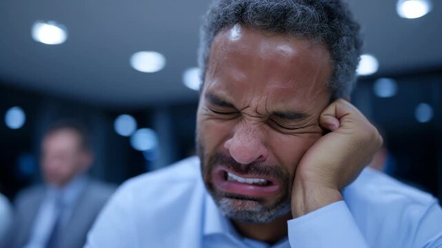 A man in a business suit displays various emotions at a dimly lit office. He shows frustration, sadness, and finally breaks down while surrounded by coworkers
