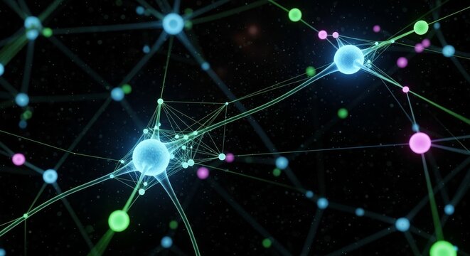 Abstract network with glowing nodes and connecting lines on black background.