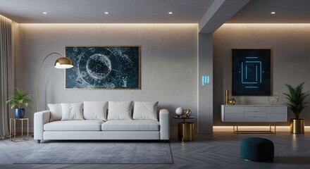 Modern living room interior design with elegant furniture, stylish artwork, and smart home technology for sophisticated urban living and comfortable relaxation