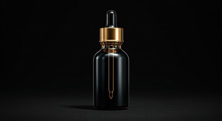 Fototapeta premium Black dropper bottle with gold accents against a dark background.