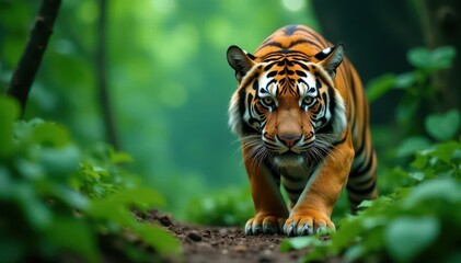 Crouching tiger, intense stare, lush jungle backdrop, camouflaged, wildlife