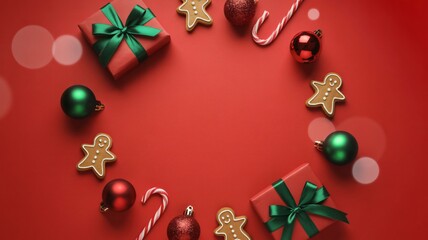 Festive christmas wreath arrangement with gifts ornaments and gingerbread cookies