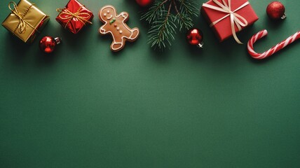 Festive christmas ornaments and gifts arranged on a dark green background