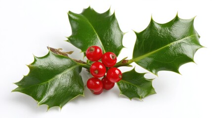 A sprig of holly featuring shiny green leaves and clusters of vibrant red berries against a clean white background. This symbol of winter adds a festive touch to holiday decor.