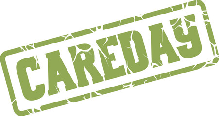 Grungy green rectangular stamp with the unique word CAREDAY in a worn texture for event promotion or community initiatives