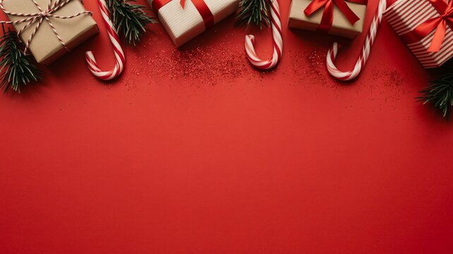 Festive christmas gifts and candy canes on a red background
