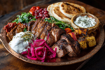Traditional Turkish döner kebab plate, sliced meat, flatbread, yogurt, grilled vegetables, sumac onions, authentic copper plate, rustic wooden table