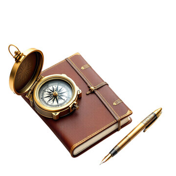Vintage brass compass, leatherbound journal, and antique pen for travel, adventure, and exploration, isolated on white isolated on transparent background