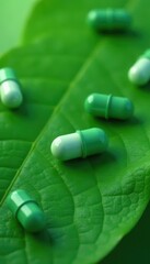 Green medicinal capsules on leaves, dotted design , texture, wellness, natural