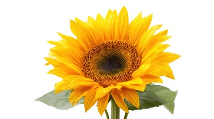 Fototapeta premium A stunning sunflower displays its large yellow petals and dark center against a plain white background. The flower radiates warmth and happiness symbolizing summer and positivity.