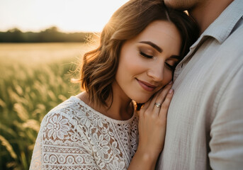 Warm romantic moment of young woman with closed eyes leaning on partner chest in sunny field showing love intimacy trust and peaceful emotional connection at golden hour
