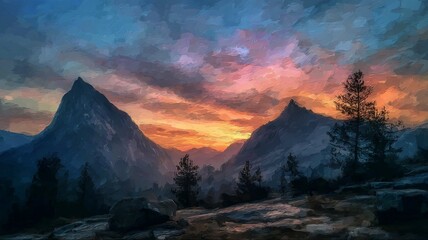 “vibrant mountain landscape at golden sunset with dramatic sky, glowing peaks, soft warm light, layered ridges, serene natural scenery, peaceful outdoor view of tranquil wilderness during evening dusk