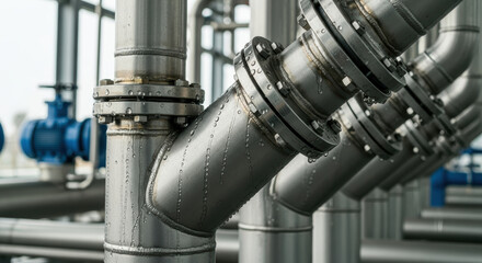 Obraz premium Industrial stainless steel pipeline system with water droplets on metal surface showing moisture and condensation in modern facility utility infrastructure connections