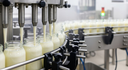 Efficient automated milk bottling line filling glass jars with fresh dairy product in modern food processing factory, stainless steel equipment ensuring clean production and consistent packaging